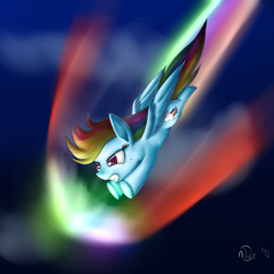 Size: 2500x2500 | Tagged: safe, artist:n1de, rainbow dash, pegasus, pony, diving, female, flying, high res, mare, solo, sonic rainboom, watering eyes