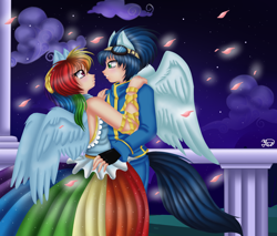 Size: 1930x1648 | Tagged: safe, artist:yuki-orin, rainbow dash, soarin', human, eared humanization, eye contact, female, goggles, humanized, looking at each other, male, night, shipping, soarindash, straight, tailed humanization, winged humanization