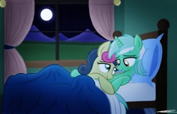 Size: 1281x828 | Tagged: safe, artist:willisninety-six, bon bon, lyra heartstrings, sweetie drops, earth pony, pony, unicorn, bed, bedroom eyes, cuddling, eye contact, female, lesbian, lyrabon, mare, messy mane, moon, night, on back, pillow, prone, shipping, smiling, stars, window