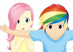 Size: 1540x1100 | Tagged: safe, artist:kprovido, fluttershy, rainbow dash, human, the cutie mark chronicles, breasts, clothes, delicious flat chest, female, flattershy, humanized, looking at you, protecting, scene interpretation, simple background, tanktop, white background, young, younger