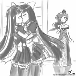 Size: 850x850 | Tagged: safe, artist:johnjoseco, princess luna, twilight sparkle, human, anarchy stocking, blushing, clothes, costume, crossover, crossover shipping, crown, eyes closed, female, grayscale, humanized, jewelry, kissing, lesbian, long hair, maid, maid outfit, monochrome, multicolored hair, necklace, open mouth, panty and stocking with garterbelt, regalia, ribbon, shipping, short skirt, skirt, trio