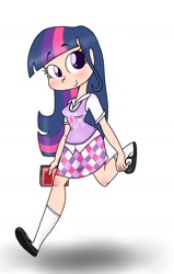Size: 1100x1730 | Tagged: safe, artist:mcnuggyy, twilight sparkle, human, book, clothes, female, humanized, pointed breasts, simple background, skirt, solo
