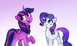 Size: 3282x1966 | Tagged: safe, artist:thefloatingtree, rarity, twilight sparkle, twilight sparkle (alicorn), alicorn, pony, unicorn, colored sketch, female, gradient background, lesbian, mare, rarilight, shipping, smiling