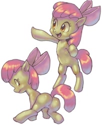 Size: 652x800 | Tagged: safe, artist:conoghi, apple bloom, earth pony, pony, apple bloom's bow, bow, butt, open mouth, pixiv, plot, raised hoof, simple background, solo