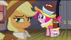 Size: 1920x1080 | Tagged: safe, screencap, applejack, chancellor puddinghead, pinkie pie, smart cookie, earth pony, pony, hearth's warming eve (episode), angry, annoyed, female, hearth's warming eve, hub logo, mare, wallpaper