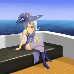 Size: 2000x2000 | Tagged: safe, artist:deilan12, trixie, human, boat, boots, female, high res, humanized, sitting, solo, water