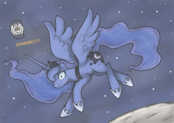 Size: 1017x721 | Tagged: safe, artist:soulspade, princess luna, alicorn, pony, crossover, female, mare, moon, no pupils, personality core, portal (valve), space, space core