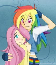 Size: 862x997 | Tagged: safe, artist:ketsuzoku, fluttershy, rainbow dash, human, abstract background, blushing, clothes, colored pupils, female, fingerless gloves, flutterdash, gloves, hair over one eye, hand on head, hug, humanized, lesbian, midriff, one eye closed, shipping, smiling