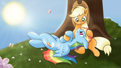 Size: 1920x1080 | Tagged: safe, artist:ratofdrawn, applejack, rainbow dash, butterfly, earth pony, pegasus, pony, appledash, eye contact, female, flower, grass, head on lap, lesbian, looking at each other, mare, on back, outdoors, shipping, sitting, sun, tree, under the tree, wallpaper
