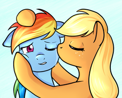 Size: 825x660 | Tagged: safe, artist:marikaefer, applejack, rainbow dash, earth pony, pegasus, pony, appledash, crying, female, kiss on the cheek, kissing, lesbian, mare, shipping, simple background, white background