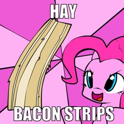Size: 500x500 | Tagged: safe, artist:derpiihooves, pinkie pie, earth pony, pony, abstract background, epic cupcake time, female, hay bacon strips, image macro, mare, meme, solo