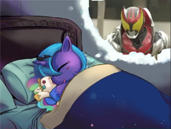 Size: 500x378 | Tagged: artist needed, source needed, safe, edit, princess luna, alicorn, pony, bed, cute, dream, dream meme, female, filly, kamen rider, kamen rider kiva, meme, plushie, woona