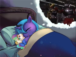 Size: 500x378 | Tagged: artist needed, safe, edit, princess celestia, princess luna, alicorn, pony, bed, blanket, blush sticker, blushing, cute, dream meme, eyes closed, female, filly, hug, kamen rider, kamen rider agito, kamen rider ryuki, meme, on side, plushie, smiling, thought bubble, woona