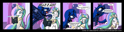 Size: 3150x835 | Tagged: safe, artist:reikomuffin, princess celestia, princess luna, alicorn, pony, book, comic, derp, duo, female, gamer luna, huzzah, mare, mass effect, mass effect 3