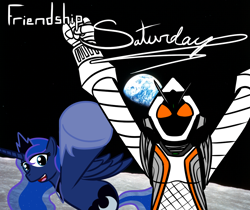 Size: 1000x838 | Tagged: artist needed, safe, princess luna, alicorn, pony, earth, female, it's friendship time, kamen rider, kamen rider fourze, mare, moon, space