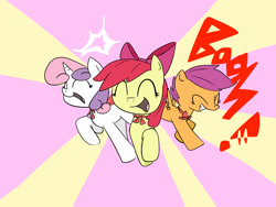 Size: 1024x768 | Tagged: safe, artist:swomswom, apple bloom, scootaloo, sweetie belle, earth pony, pegasus, unicorn, cape, cmc cape, cutie mark crusaders, exclamation point, eyes closed, female, filly, group, open mouth, teeth, text, trio