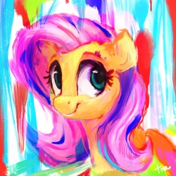 Size: 2048x2048 | Tagged: safe, artist:thefloatingtree, fluttershy, pegasus, pony, abstract background, bust, colorful, female, high res, looking at you, mare, painterly, portrait, smiling, solo, stray strand, three quarter view