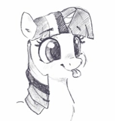 Size: 1397x1469 | Tagged: safe, artist:thefloatingtree, twilight sparkle, pony, :p, bust, cute, female, grayscale, mare, monochrome, portrait, silly, silly pony, simple background, solo, tongue out, twiabetes, white background