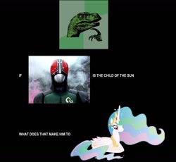 Size: 1442x1328 | Tagged: artist needed, safe, princess celestia, alicorn, pony, black background, female, kamen rider, kamen rider black rx, mare, meme, philosoraptor, photo, prone, simple background