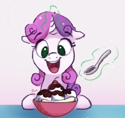 Size: 2048x1925 | Tagged: safe, artist:thefloatingtree, sweetie belle, pony, unicorn, atg 2020, banana, bowl, cherry, chocolate, cute, diasweetes, female, filly, floppy ears, food, ice cream, magic, newbie artist training grounds, no pupils, open mouth, solo, spoon, sundae, telekinesis, this will end in diabetes, this will end in weight gain