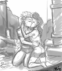 Size: 735x840 | Tagged: safe, artist:johnjoseco, rarity, spike, human, female, grayscale, humanized, kissing, male, monochrome, older, ruins, shipping, sparity, straight