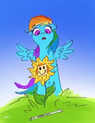 Size: 1600x2071 | Tagged: safe, artist:thefloatingtree, rainbow dash, pegasus, pony, do princesses dream of magic sheep, atg 2020, fear, female, floppy ears, flower, flute, jazz flute, mare, musical instrument, newbie artist training grounds, nightmare sunflower, smiley face, solo, sticky note, sunflower