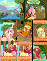 Size: 800x1030 | Tagged: safe, artist:bhiggo, applejack, big macintosh, fluttershy, earth pony, pegasus, pony, baby dragon, bridge, cave johnson, comic, female, korog's hunger, lemonade, male, mare, mic the microphone, napalm, nuzzling, page, red wyrmling, river, sandvich, stallion