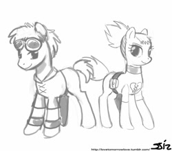 Size: 840x735 | Tagged: safe, artist:johnjoseco, earth pony, pony, belt, clothes, digimon, duo, female, goggles, grayscale, looking at you, male, mare, monochrome, ponified, rika, ruki makino, simple background, smiling, stallion, standing, takato, takato matsuda