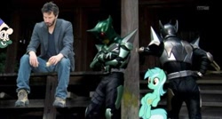 Size: 500x267 | Tagged: safe, lyra heartstrings, pony, unicorn, female, irl, kamen rider, kamen rider kick hopper, kamen rider punch hopper, mare, meme, photo, sad keanu, sitting, sitting lyra, weegee