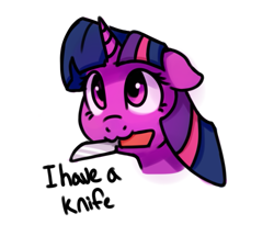 Size: 765x657 | Tagged: safe, artist:thefloatingtree, twilight sparkle, pony, :3, bust, cute, female, floppy ears, knife, looking up, mare, mouth hold, nom, peace was never an option, portrait, simple background, smiling, solo, text, twiabetes, white background