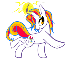 Size: 600x643 | Tagged: safe, artist:gluxplosion, oc, oc only, hybrid, pony, active stretch, curved horn, female, horn, lidded eyes, magic, mare, raised hoof, raised leg, scales, simple background, smiling, solo, standing, transparent background