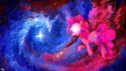 Size: 3200x1800 | Tagged: safe, artist:thefloatingtree, pinkie pie, earth pony, pony, commission, cutie mark, digital art, female, glowing eyes, looking at you, looking back, looking back at you, mare, open mouth, smiling, solo, space, stars