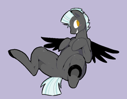 Size: 651x509 | Tagged: source needed, safe, artist:mangneto, thunderlane, pegasus, pony, featureless crotch, male, no pupils, on back, simple background, solo, stallion, underhoof