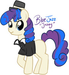 Size: 309x335 | Tagged: safe, artist:lulubell, oc, oc only, oc:blue jazz, earth pony, pony, female, filly, foal, hat, magical lesbian spawn, next generation, offspring, parent:rarity, parent:sapphire shores, parents:rarishores, simple background, solo, transparent background