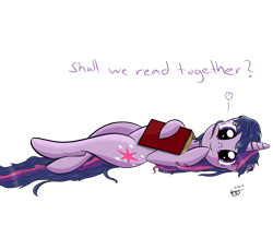 Size: 1208x1000 | Tagged: safe, artist:ratofdrawn, twilight sparkle, pony, unicorn, bed mane, blushing, book, bronybait, cute, female, heart, looking at you, mare, on back, simple background, smiling, solo, transparent background, twiabetes