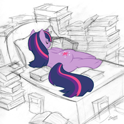 Size: 1278x1280 | Tagged: safe, artist:zajice, twilight sparkle, pony, unicorn, bed, book, female, mare, on side, partial color, pile, plot, sketch, sleeping, solo, that pony sure does love books