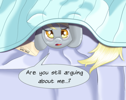 Size: 750x600 | Tagged: safe, artist:ratofdrawn, derpy hooves, pegasus, pony, annoyed, blanket, derpygate, female, hiding, looking at you, mare, solo