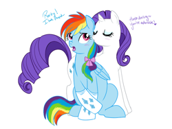 Size: 666x500 | Tagged: safe, artist:lulubell, rainbow dash, rarity, pegasus, pony, unicorn, alternate hairstyle, blushing, clothes, dialogue, female, kissing, lesbian, makeover, mare, ponytail, raridash, shipping, simple background, socks, white background