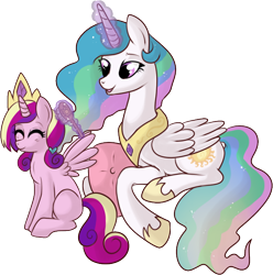 Size: 644x648 | Tagged: safe, artist:lulubell, princess cadance, princess celestia, alicorn, pony, aunt and niece, brush, brushie, cute, cutedance, cutelestia, duo, duo female, female, filly, filly cadance, mare, momlestia, pillow, prone, simple background, sitting, smiling, transparent background, younger