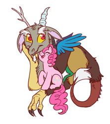 Size: 444x500 | Tagged: safe, artist:lulubell, discord, pinkie pie, draconequus, earth pony, pony, blushing, cute, discopie, discute, eyes closed, female, floppy ears, fluffy, looking at you, male, mare, neck nuzzle, nuzzling, open mouth, prone, raised hoof, shipping, simple background, sitting, size difference, smiling, straight, white background