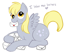 Size: 555x444 | Tagged: safe, artist:lulubell, derpy hooves, pegasus, pony, dialogue, female, heart, letter, mail, mare, mouth hold, prone, simple background, smiling, solo, white background