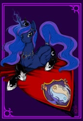 Size: 594x862 | Tagged: safe, artist:longinius, princess luna, alicorn, pony, clothed ponies, clothes, coat of arms, crest, female, horn jewelry, jewelry, mare, prone, socks, solo, tail wrap