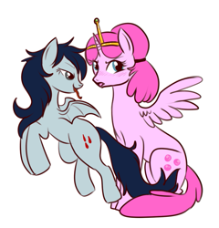 Size: 555x577 | Tagged: safe, artist:lulubell, alicorn, bat pony, pony, adventure time, bubbline, female, lesbian, marceline, mare, ponified, princess bubblegum, shipping, simple background, white background