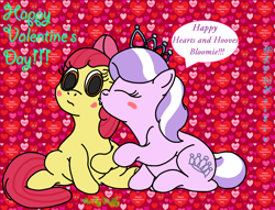 Size: 3096x2364 | Tagged: safe, artist:puffydearlysmith, apple bloom, diamond tiara, earth pony, pony, blushing, diamondbloom, female, filly, foe yay, hearts and hooves day, high res, kiss on the cheek, kissing, lesbian, shipping, sitting