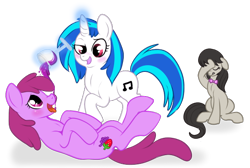 Size: 598x402 | Tagged: safe, artist:lulubell, berry punch, berryshine, dj pon-3, octavia melody, vinyl scratch, earth pony, pony, unicorn, drunk, facehoof, simple background, transparent background, wine