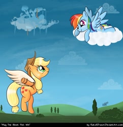 Size: 750x775 | Tagged: safe, artist:ratofdrawn, applejack, rainbow dash, earth pony, pegasus, pony, appledash, artificial wings, augmented, cloud, cloudsdale, cloudy, female, lesbian, mechanical wing, shipping, wings