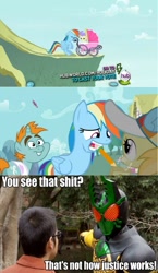 Size: 760x1308 | Tagged: artist needed, safe, edit, edited screencap, screencap, cream puff, noi, rainbow dash, snips, human, pegasus, pony, unicorn, the mysterious mare do well, caption, colt, female, image macro, irl, kamen rider, kamen rider ooo, male, mare, meme, mouth hold, photo