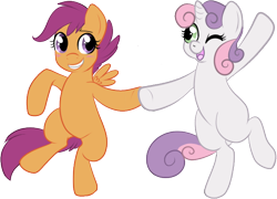 Size: 676x487 | Tagged: safe, artist:lulubell, scootaloo, sweetie belle, pony, bipedal, dancing, simple background, transparent background