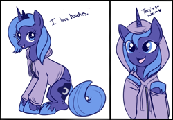 Size: 650x450 | Tagged: safe, artist:lulubell, princess luna, alicorn, pony, ask, clothes, cute, heart, hoodie, looking at you, lunabetes, open mouth, s1 luna, simple background, smiling, solo, tumblr, white background