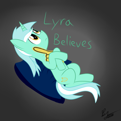 Size: 2500x2500 | Tagged: safe, artist:phoenixswift, lyra heartstrings, pony, unicorn, female, foam finger, gradient background, high res, looking up, mare, on back, solo